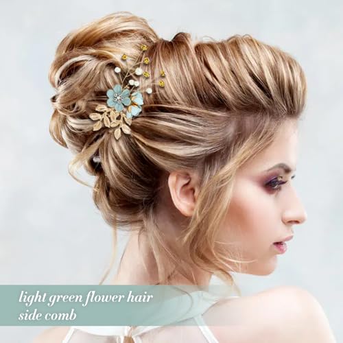inSowni 20 Pieces Rhinestone Pearl Bridal Wedding Party Prom Light Green Flower Hair Side Combs Slides +U-shaped Floral Hair Pins+Twist Spiral Pearl Hairpins for Brides Bridesmaids Girls Women - Image 3