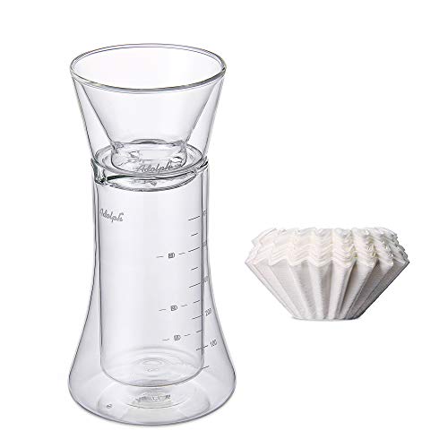 Adolph Double Wall Vacuum Sealed Glass Coffee Maker. Anti-Condensation and Thermo Shock Resistance Server and Coffee Dripper (500ml for 1-4 Cups)