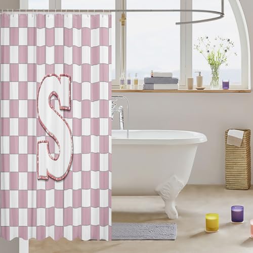Image of Erosebridal Pink Initial S Bathroom Accessories Kawaii Plaid Checkered Shower Curtain Cute Personalized Monogram Bathroom Curtain for Kids Girls 72 inch Wx72 L Fashion Grids Gingham Shower Decor