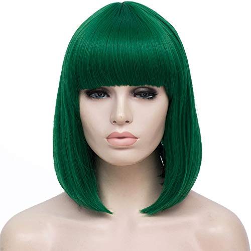OneUstar Green Bob Wigs with Bangs Synthetic Heat Resistant Cosplay Costume Party Wig 14 Inch