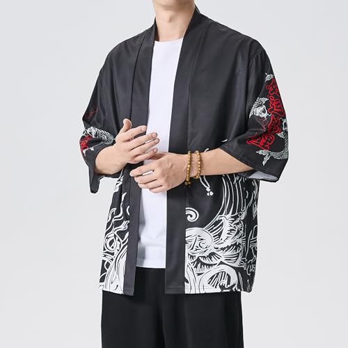 Image of PRIJOUHE Men's Lightweight Kimono Jacket Seven Sleeve Open Front Cardigan Coat Japanese Style Bathrobe