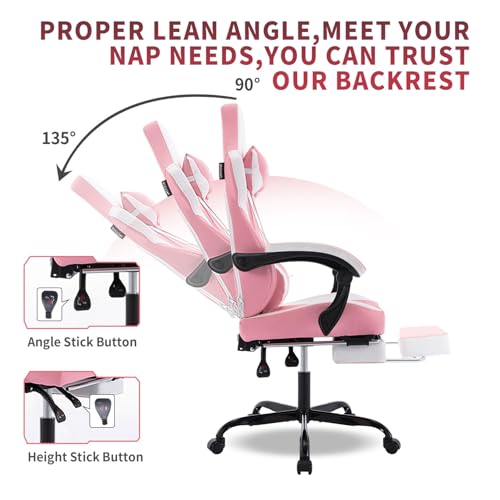 Gaming-Chair-with-Footrest-High-Back-Gaming-Chairs-PVC-Leather-Ergonomic-Gamer-Chair-with-Adjustable-Headrest-Lumbar-Support-Racing-Style-Video-Gaming-Chair-for-OfficeHome-Pink Gaming Chair with Footrest High Back Gaming Chairs PVC Leather Ergonomic Gamer Chair with Adjustable Headrest Lumbar Support Racing Style Video Gaming Chair for OfficeHome Pink