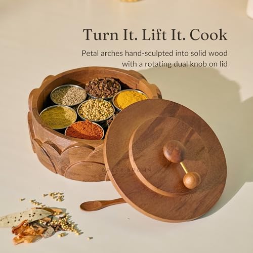 Image of Brick Brown Wooden Dial Masala Box with Lid | Spice Box Organizer Storage Box with 7 Stainless Steel Containers & Wooden Spoon | Hand-Carved Masala Dani Spice Rack for Kitchen 8.5x 8.5 x 4.5 Inch