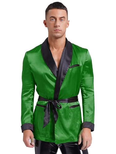 Men's Satin Smoking Jacket Silky Robe Lightweight House Kimono Bathrobe with Belt for Spring Summer
