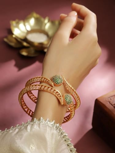 Image of Rubans Set of 2 22K Gold-Plated Stylish Stone Studded Traditional Bangles for Womens & Girls