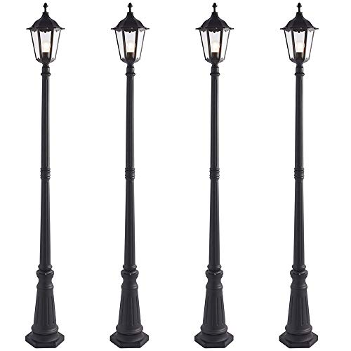 4 Pack | 2180mm (7 Feet) Outdoor Lamp Post Lantern Light | Matt Black & Clear Glass | Traditional Garden Bollard Ground Floor | Patios, Pathways & Driveways | 60W E27 LED | IP44 External Weatherproof