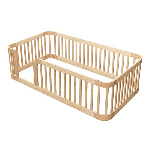 Image of Bellemave Twin Size Floor Bed Frame with High Fence,Solid Wood Kids Montessori Floor Bed Twin Size for Kids Girls Boys,Rounded Corner Design,Natural