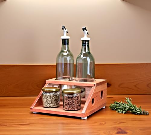 Image of WOODFARM Countertop Natural Wood /Wooden Rack /Stand for 1 Ltr Square Shape Oil Bottle /Dispenser, Seasoning Storage Holder /Organizer - 2 Holes (Size - 3.25 inch * 3.25 inch)