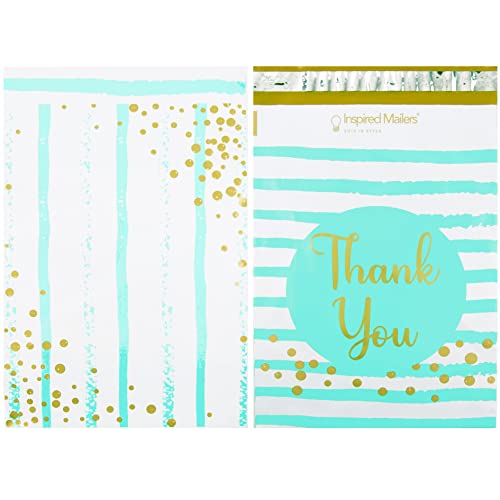 Image of Inspired Mailers - Poly Mailers 10x13 - 20 Pack - Thank You Poly Mailers Confetti and Stripes (Aqua /Gold) - Mailing Bags - 10x13 Mailers Poly Bags - Packing Envelopes