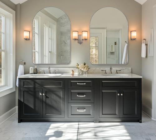 Image of ANDY STAR 30 x 40 Inch Arched Mirror, Bathroom Mirror in Stainless Steel Metal Frame, Arch Top Rounded Corner Set Design Wall Mount Hangs Vertical