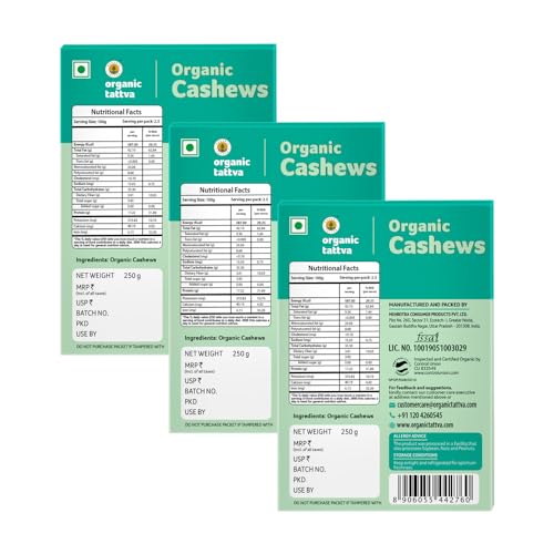 Image of Organic Tattva, Organic Cashews /Kaju Nuts (W320) (750 Grams (Pack of 3))