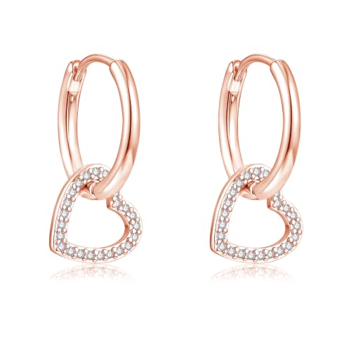 Image of Cangall Rose Gold Earrings for Women, CZ Silver Heart Drop Earrings Girls