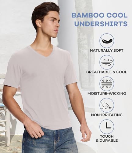 Image of BAMBOO COOL Men's Undershirts V Neck, Moisture-Wicking Soft T-Shirts 3 Pack | Stay Tucked Classic Fit Tag-Free, Softness Breathable Comfort Cooling, V-neck t shirts for men, Summer T's, Short Sleeves Tee