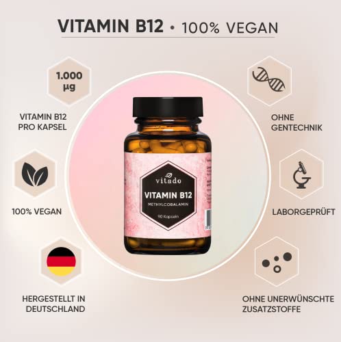 Vitamin B12 hochdosiert - 1000µg Vit B12 aus Methylcobalamin - 90 Kapseln im Glas - Vegan - Laborgeprüft