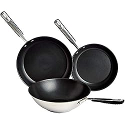 Sartenes Profesionales Amazon Amazon Basics Juego de Utensilios de Cocina de Inducción Sartenes y Wok, Antiadherentes, Acero Inoxidable, 24/28/28 cm, 3 Unidad, Plata