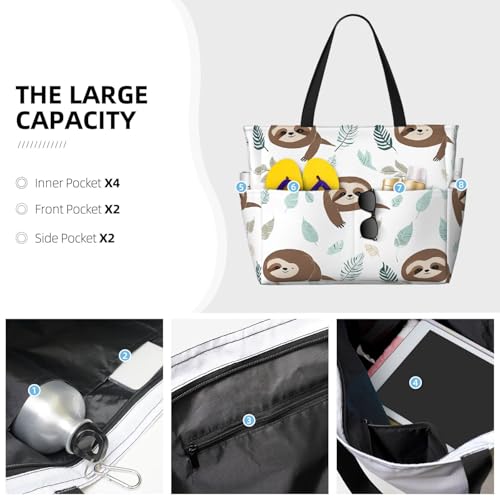 (Cute on yellow lemons) Large Beach Tote Bag for Women Waterproof Sandproof Travel Shoulder Bag with Pocket for Pool Vacation Weekend Gym3