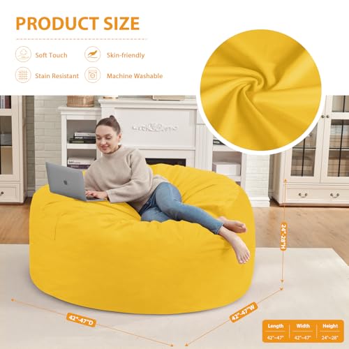 4FT Bean Bag Chair, Large Bean Bag Chairs with Memory Foam Filled, Fluffy Beanbag Sofa with Dutch Velvet Cover, Round BeanBag Chairs for Living Room, Playroom - Lemon
