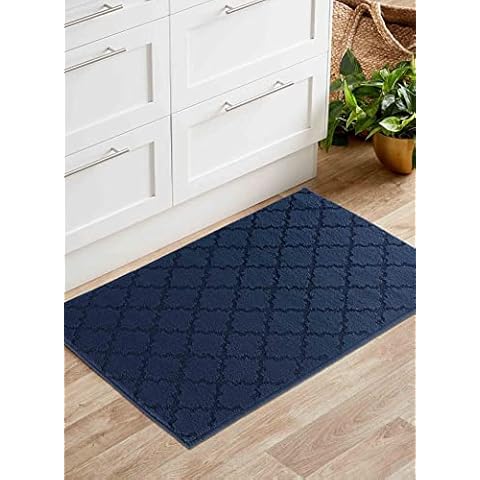 GULLAMBO Door Mat - Non Slip Door Mats Indoor Washable For Tiles Lino lamination Wood Flooring - Washable Front Door Mat Inside, Super Absorbent - Kitchen Door Mats Rugs (Navy Trellis, 40cm x 60cm) Cover