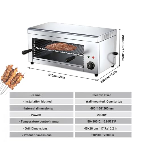 Horno con control termostático, potencia de 2000 W, rejilla ajustable para una cocción perfecta en cocinas profesionales