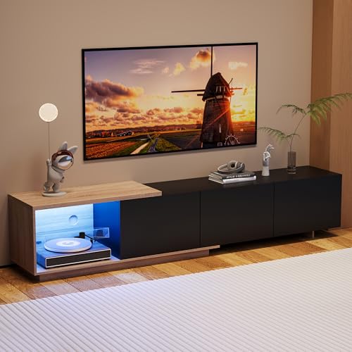 Mueble de TV modular con iluminación LED, mueble para TV extensible con 3 cajones, armario para TV con espacio abierto, juego de mueble de TV moderno que se puede abrir y cerrar (Negro-1, 240x38x44 cm