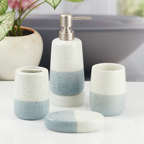 Image of SaSaSa Ceramic Bathroom Accessories Set of 4 Modern Bath Set with Soap Dispenser & Toothbrush Holder, Luxury Home & Gift Idea (11501)