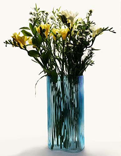 Blue Ribbed Anaglyph Curvy Tall Vase #TOP4