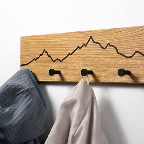 WOODS Garderobenleiste aus Eichenholz mit Berg Motiv | handgefertigt in Bayern | Garderobe Eiche| Hakenleiste Holz Wandgarderobe Eingangsbereich (schwarze Haken, 70cm (6 Haken)) WOODS Garderobenleiste aus Eichenholz mit Berg Motiv | handgefertigt in Bayern | Garderobe Eiche| Hakenleiste Holz Wandgarderobe Eingangsbereich (schwarze Haken, 70cm (6 Haken))