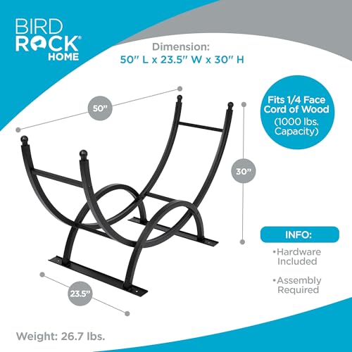 BIRDROCK HOME 50in Firewood Rack for Outdoor or Indoor Use | Fire Wood Log Storage Holder | Black Elevated Curved Design | Kindling Under Rack