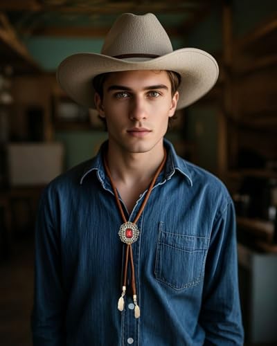 Image of PEARLY JUN Bolo Tie for Men Women Rhinestone Cowboy Brown Country Style Handmade Leather String Rodeo Festive Days Gifts