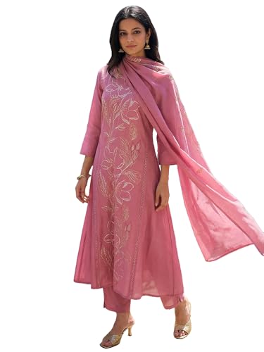 Image of INDO ERA Women's Floral Embroidered A-Line Silk Blend Kurta Pant with Dupatta Set