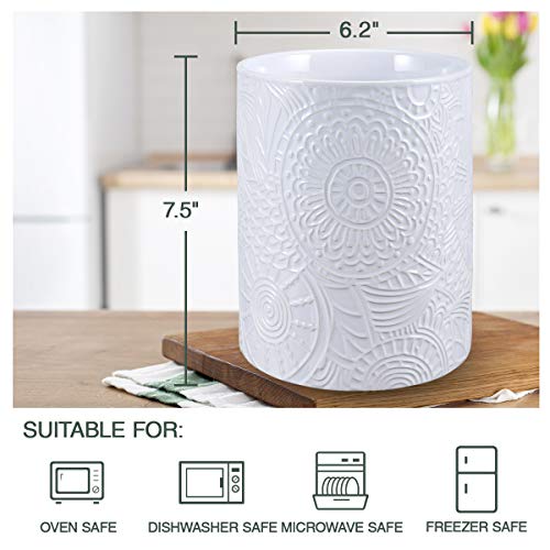 Ceramic Utensil Holder for Countertop, Large Utensil Holder Farmhouse Utensil Crock for Kitchen & Dining Table, White Cooking Utensil Holder,Relief Design with Sunflower Pattern