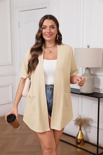 Image of IN'VOLAND Women Plus Size Lightweight Cardigan Short Sleeve Open Front Casual Summer Kimonos Cardigans with Pockets
