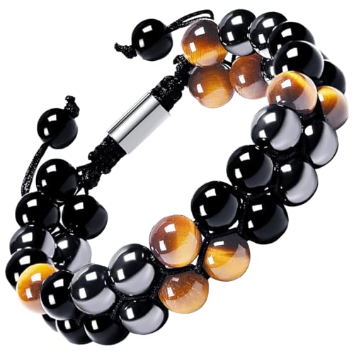 KRISFD Pulsera De Hematita y Ojo De Tigre Con Protección Triple - Unisex De Obsidiana Para Buena Suerte