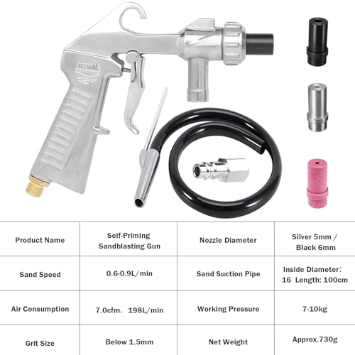 Vielseitige Sandstrahlpistole Druckluft, mit Düsen Verschiedener Kaliber, Sandstrahlen Pistole mit 1m Gummischlauch, Zubehör für Sandstrahlgerät für Professionelle und Heimwerkerprojekte