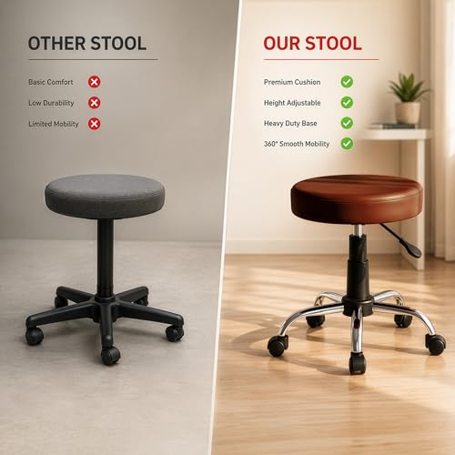 Image of DIYA Seating Nexa Round Stool (1 Year Warranty) with Adjustable Height, Wheels and Bonded Leather Upholstery, Sitting Stool for Salon, Doctor, Medical, Spa, Restaurant, Kitchen, Musicians- Brown