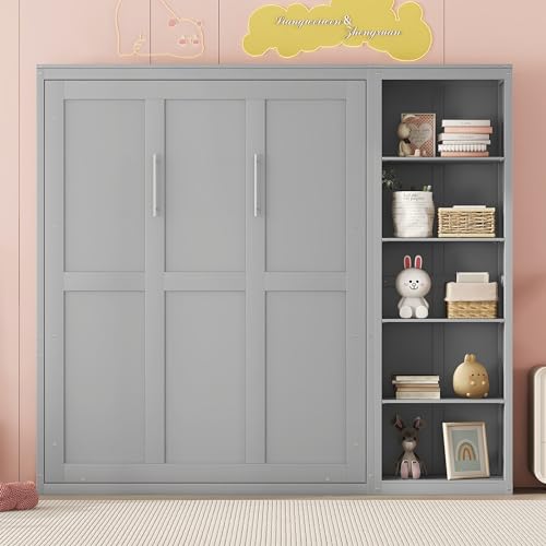Image of Merax Space-Saving Gray Murphy Bed Full Size with Adjustable Storage Shelves, Multifunctional Foldable Wall Bed for Small Spaces Studio Study Office Guest Room