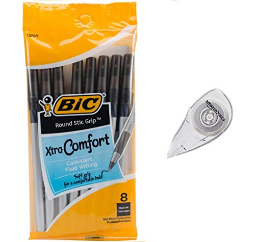 BIC Round Stic Grip Xtra Comfort Ballpoint Pen, Medium Point (1.2mm), Black, 8-Count With Correction Tape