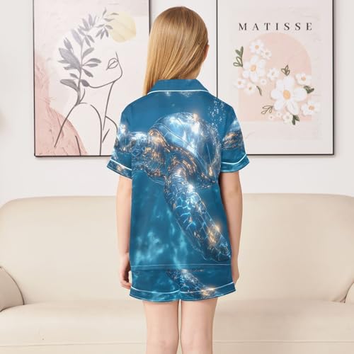 ALAZA Sea Turtle Swimming Blue Satin Pajamas Set Short Sleeve Button Down Sleepwear Summer Pjs 2 Piece4