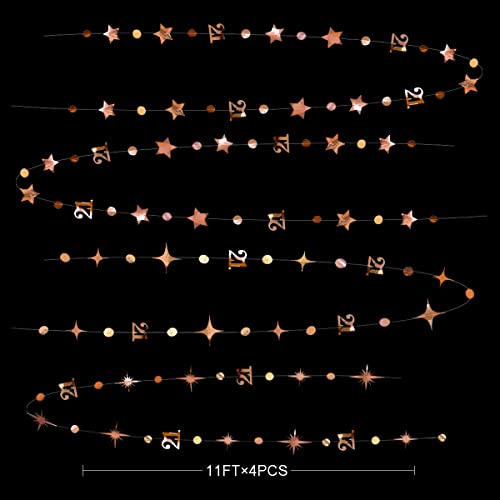 Image of Rose Gold Number 21 Circle Dot Twinkle Star Garland Kit Metallic Hanging Streamer Bunting Banner Backdrop Decoration for Girls 21st Birthday Finally Legal Twenty One Anniversary Wedding Party Supplies