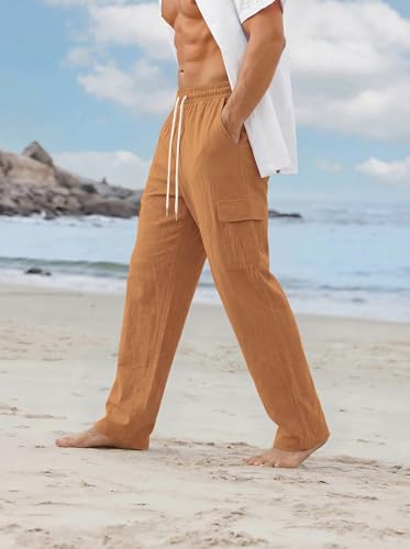 Image of Men's Linen Pants Casual Cargo Pants with Pockets Lightweight Elastic Waist Drawstring Pants Baggy Beach Pants