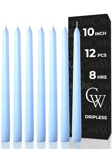 CANDWAX Light Blue 10 inch Taper Candles Set of 12 - Unscented Smokeless Dripless Tall Candlesticks - Perfect for Special Occasions Ordinary Dinners and as Easter Candles - Light Blue Candle Sticks