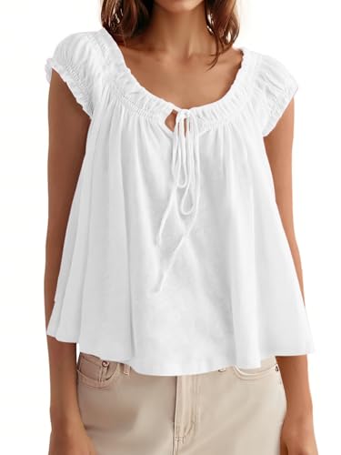 Tankaneo Women Summer Tie Front Tank Tops Cap Sleeve Pleated Babydoll Tops Casual Loose Fit Going Out Flowy Shirt White