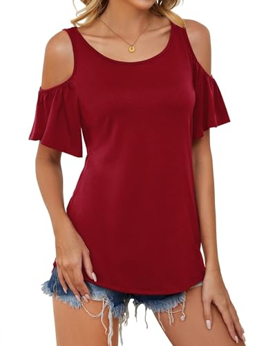 Micoson Cold Shoulder Tops for Women Spring Sexy Blouse Ladies Short Sleeve Round Neck Shirts Cute Tunic Wine Red XL