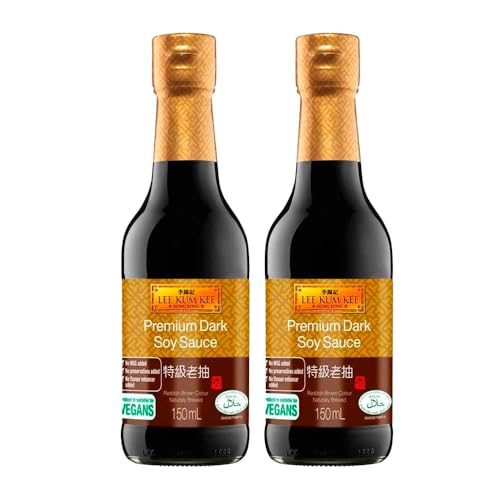 Salsa de soja oscura premium 2x150 ml en botella de cristal, ideal para cocinar wok, guisos, arroces y marinados, sabor umami intenso y color oscuro brillante