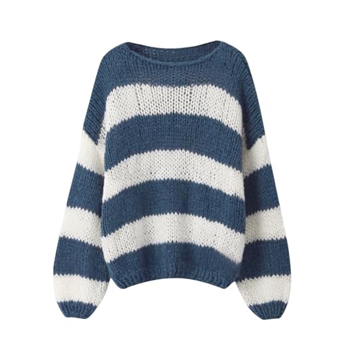 Women Y2K Striped Oversized Sweater Crewneck Long Sleeve Vintage Aesthetic Knit Pullover Tops Teens Cute Preppy Sweater (Blue, S)