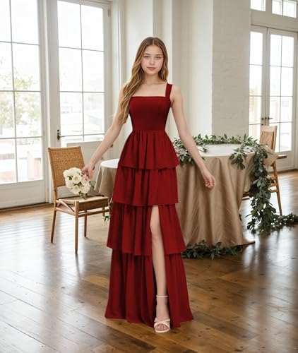 Chiffon Junior Bridesmaid Dresses for Teen Girls Tiered Pleated Flower Girl Dress with Slit Wedding Guest Gowns4