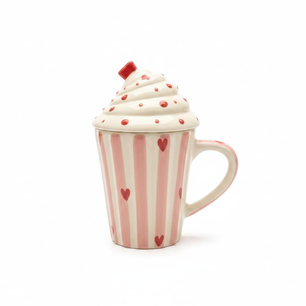 Kraftlik Handicrafts Ice Cream Shaped Ceramic Coffee Mug with Lid, Heart Print Tea & Coffee Cup, Decorative Gift Mug for Girls, Women & Home Decor (Pack of 1)-image-10