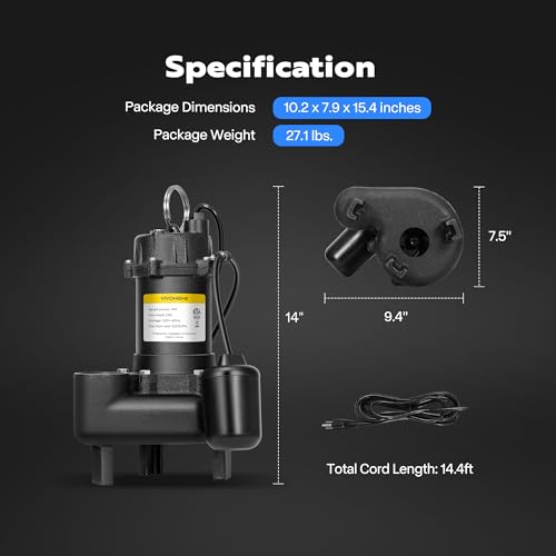 VIVOHOME 1 HP Submersible Cast Iron Sewage/Effluent Pump, 5220 GPH Float Switch Sump Pump with 2'' NPT Discharge for Basement, Septic Tank by VIVOHOME - Image 7