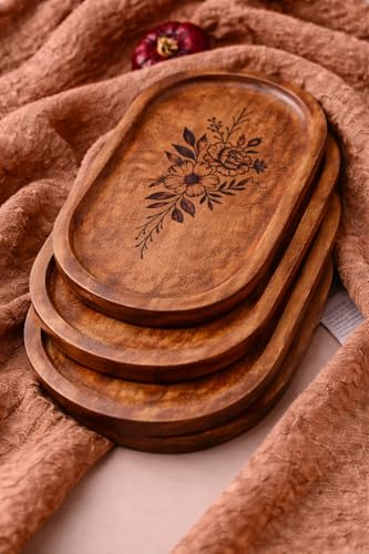 Image of Wooden Jewelry Tray, Oval Shape, L x B x H = 10 x 5 x 0.5 Inch Floral Design, Natural Wood Finish, Organizer for Rings, Necklaces, Earrings And Snacks Serving (Flower 3)