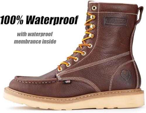 SUREWAY Mens 8 in Wedge Moc Soft/Steel Toe Work Boots for Men,Full-Grain Leather,Industrial Construction Boots/Shoes for Women,Soft Toe Dark BROWN,Size 10.52